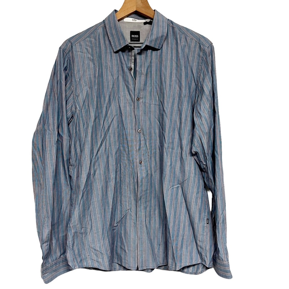 HUGO BOSS Men's Lorenzo Regular Fit Blue Multi Striped Button-Up Shirt Size L